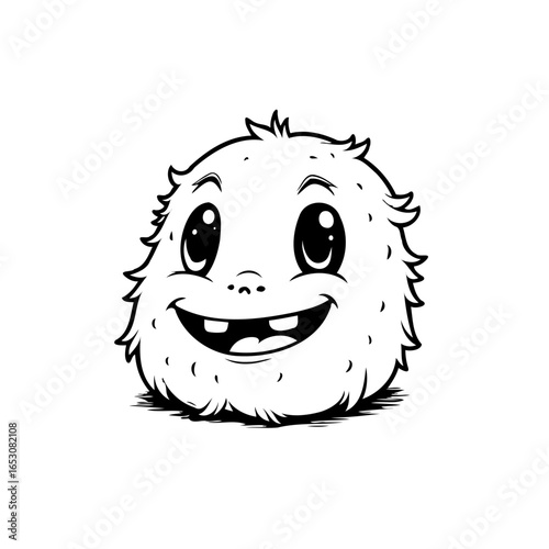 Adorable fluffy cartoon character smiling widely showcasing a playful expression and innocent charm in its monochrome outline