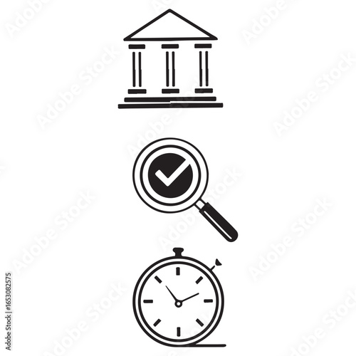 Three simple hand drawn icons representing a courthouse or government building a magnifying glass with a checkmark and a stopwatch symbolizing legal process and timely resolution