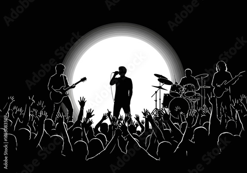 Energetic Silhouettes of a Live Band Performing on Stage to a Cheering Crowd Under a Large Spotlight Evoking a Sense of Unity and Excitement During an Unforgettable Musical Event