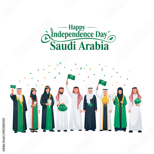 A group of people in traditional Saudi Arabian clothing celebrate Saudi Arabia's Independence Day, waving flags and confetti.