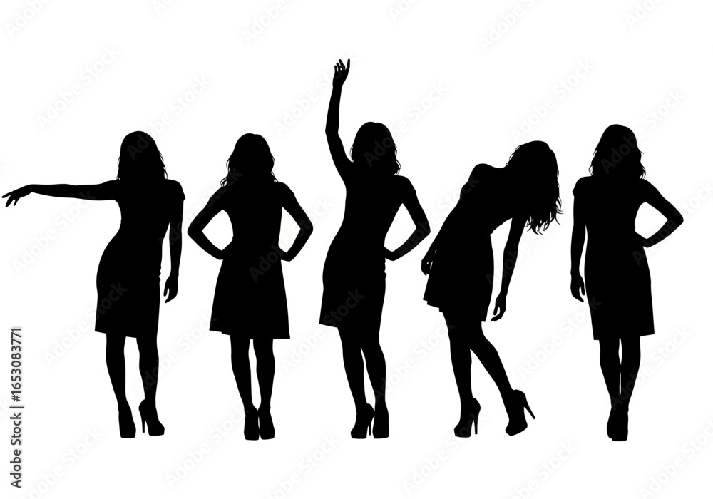 Fototapeta premium Diverse collection of silhouetted women in various dynamic poses expressing individuality and style showcasing feminine fashion and graceful movement