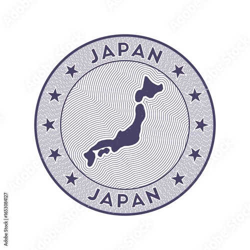 Japan round badge vector. Country round stamp with shape of Japan, isolines and circular country name. Attractive emblem. Awesome vector illustration.