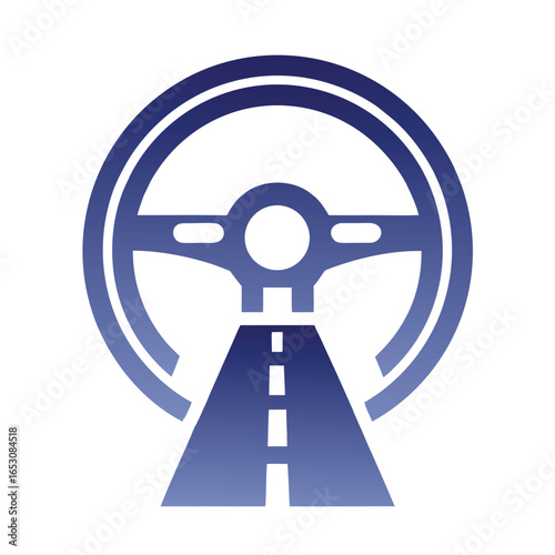 Purple steering wheel and road graphic with white accents driving