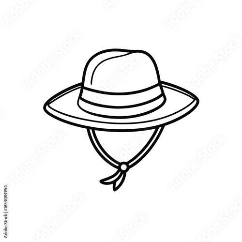 Minimalist Line Drawing of Wide-Brimmed Hat with Chin Straps and Band – Monochrome Outdoor Headwear Illustration