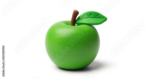 3D green apple with leaf and stem, isolated on white background in cartoon minimal style.green apple isolated on white