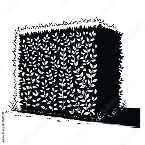 Monochrome illustration of a neatly trimmed hedge with a shadow