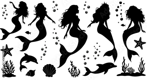 Collection of Elegant Mermaid Silhouettes Under the Sea with Dolphins Starfish Shells and Bubbles for Fantasy Ocean Themed Designs
