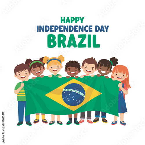 A group of diverse children smiling and holding a Brazil flag, celebrating Happy Independence Day.