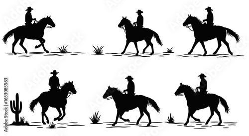 Silhouettes of cowboys on horseback in a western landscape with cacti and desert plants illustrating various gaits and movements of the steeds during their ranch work and travel across arid terrains
