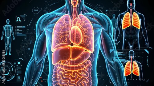 Human Anatomy Exploration: A detailed, illuminated depiction of the human body showcases the intricate organs and systems in a blend of medical precision and artistic visualization.