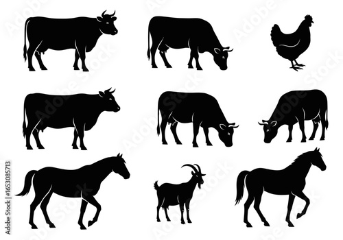 Collection of Farm Animal Silhouettes Including Cattle Horses and Chickens Depicting Rural Livestock and Agriculture Life