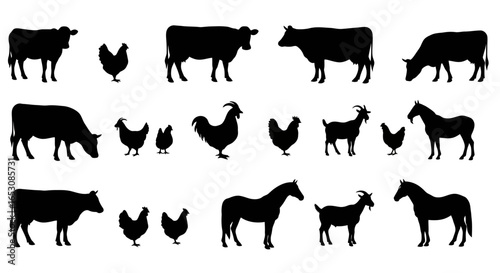 Diverse Silhouettes of Farm Animals Including Cows Chickens and Horses Evoking a Rural Agricultural Landscape