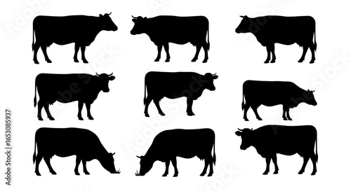 Create stunning farm branding with these versatile cow silhouettes - perfect for logos, packaging, and more - easily customize these elegant animal icons for your design projects