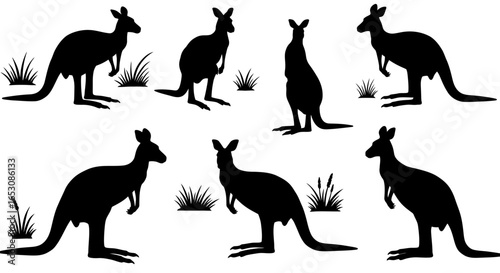 Collection of Silhouetted Kangaroos in Various Poses Amidst Grassy Australian Outback Scenery
