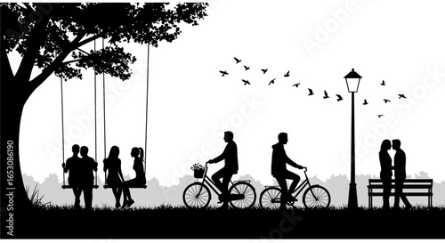 A serene silhouette scene depicting couples enjoying a leisurely day outdoors with activities like swinging and cycling alongside a park lamp and flying birds