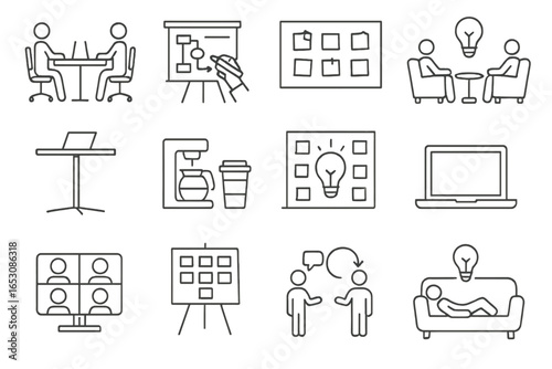 Startup Workspace Icons. Line style icons of startup workspace: coworking desk, whiteboard planning icon, post-it board,