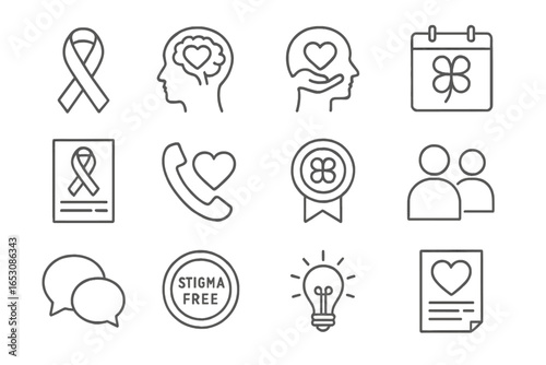 Mental Health Icons. Line style icons of mental health awareness: awareness ribbon, brain icon with heart, mind care badge,