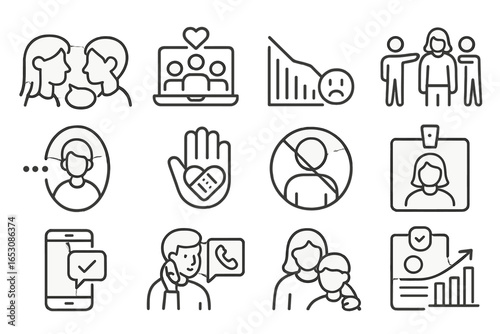 Youth Mental Health Icons. Line style icons of youth mental health: teen talk icon, online peer group, exam stress chart, social