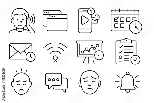 Productivity Blockers Icons. Line style icons of productivity blockers: noisy neighbor icon, multiple tabs open, app distraction