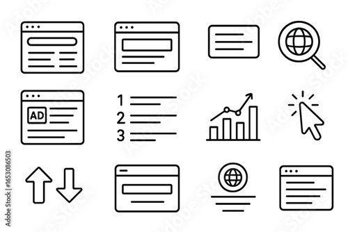 Search Engine Icons. Line style icons of search engine results: SERP screen icon, featured snippet box, page result listing,