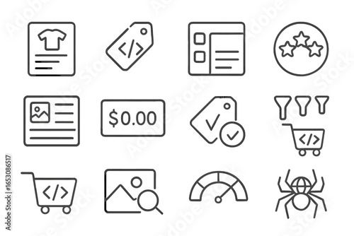 E-commerce SEO Icons. Line style icons of e-commerce SEO: product listing icon, product schema tag, category page icon, review