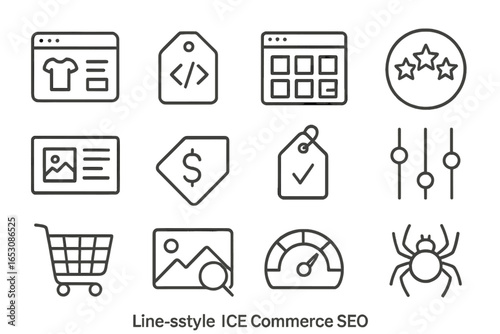 E-commerce SEO Icons. Line style icons of e-commerce SEO: product listing icon, product schema tag, category page icon, review