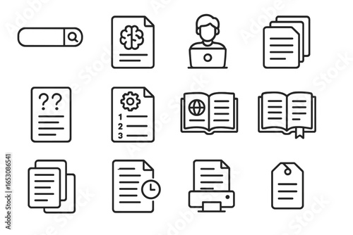 Knowledge Base Icons. Line style icons of knowledge base: search help bar, knowledge article icon, self-service icon,