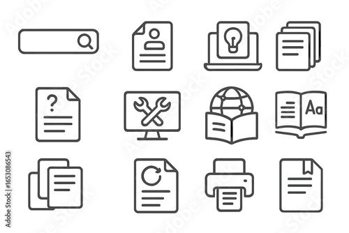 Knowledge Base Icons. Line style icons of knowledge base: search help bar, knowledge article icon, self-service icon,