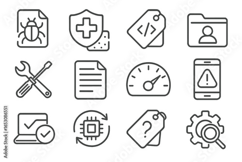 Technical Assistance Icons. Line style icons of technical assistance: bug report icon, software patch icon, error code tag,