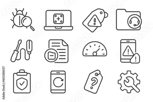 Technical Assistance Icons. Line style icons of technical assistance: bug report icon, software patch icon, error code tag,