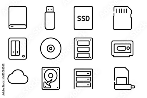 Storage Device Icons. Line style icons of storage devices: external hard drive icon, USB flash drive, SSD icon, memory card icon,