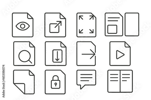 File Preview Icons. Line style icons of file preview and actions: eye preview icon, open with icon, full screen document, page