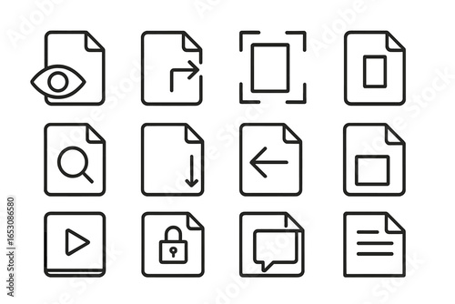 File Preview Icons. Line style icons of file preview and actions: eye preview icon, open with icon, full screen document, page