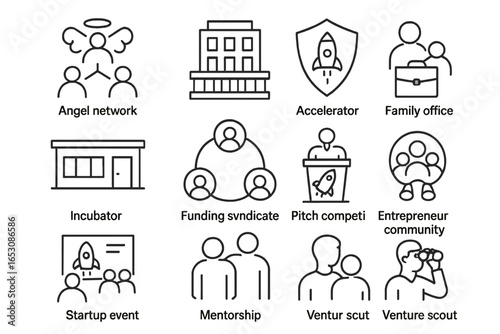 Startup Funding Icons. Line style icons of startup funding ecosystem: angel network icon, VC firm building, accelerator program