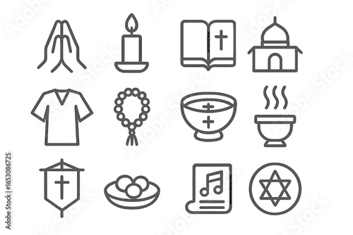 Religious Celebration Icons. Line style icons of religious celebrations: prayer hands, candle icon, holy book, temple icon,