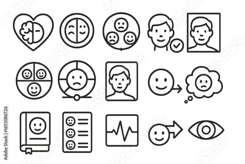 Emotional Awareness Icons. Line style icons of emotional awareness: heart and mind, mood tracker, emotion scale, emotional wheel,