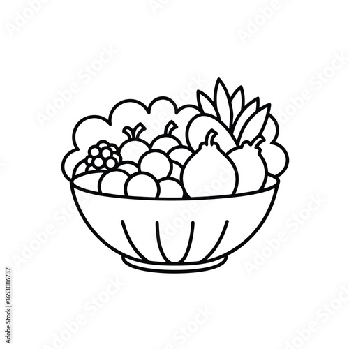 Minimalist Line Drawing of Fruit Bowl with Grapes, Apples, Bananas, and Mixed Fruits in Monochrome Outline Style