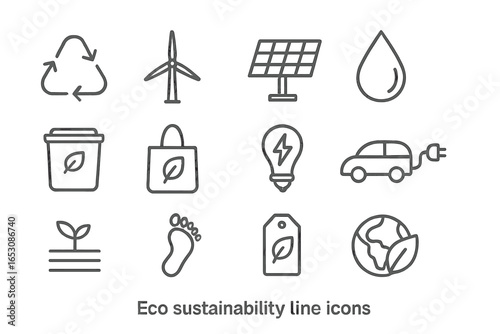 Eco Icons Collection. Line style icons of eco sustainability: recycling icon, wind turbine, solar panel, water droplet, compost