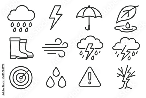 Weather Icon Set. Line style icons of rain and storm: rain cloud, thunder bolt, umbrella icon, puddle splash, rain boots, wind