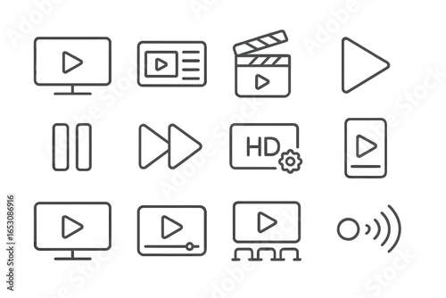 Entertainment Platforms Icons. Line style icons of entertainment platforms: streaming service, video playlist, movie clapper, play