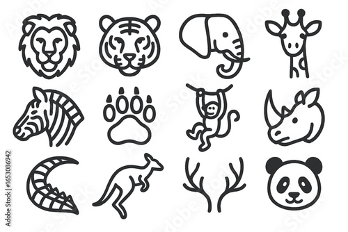 Wild Animal Line Icons. Line style icons of wild animals: lion face, tiger stripes, elephant trunk, giraffe neck, zebra icon, bear