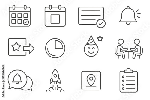 Event Planning Icons. Line style icons of event planning: event calendar, date selector, RSVP form, event alert, schedule invite,