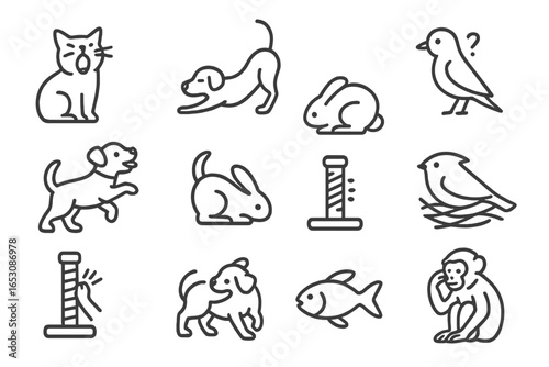 Animal Behavior Icons. Line style icons of animal behavior: yawning cat, stretching dog, curious bird, playful puppy, hiding