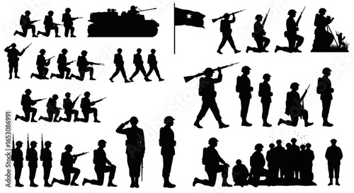 Collection of Soldier Silhouettes Demonstrating Military Actions and Formation Poses for Strategic Warfare and Defense