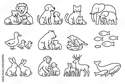 Animal Family Icons. Line style icons of animal families: lion family, dog with puppy, cat and kitten, elephant herd, duck with