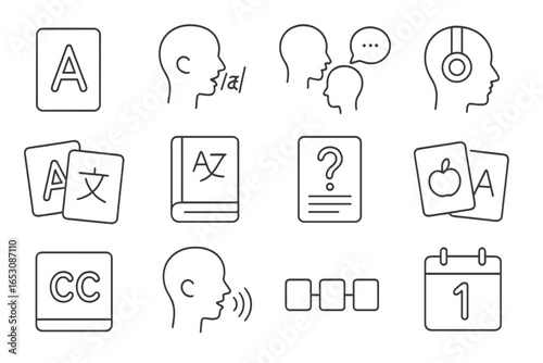 Language Learning Icons. Line style icons of language learning: alphabet card icon, pronunciation icon, speaking practice,