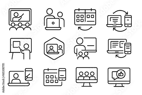 Hybrid Learning Icons. Line style icons of hybrid learning: live class icon, in-person and online icon, hybrid schedule, device