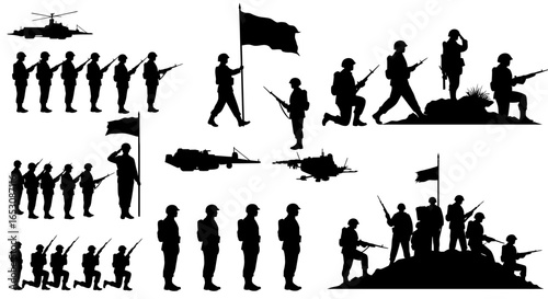 Collection of Silhouetted Military Personnel and Aircraft Depicting Various Combat and Ceremonial Scenarios Showcasing Uniforms and Equipment