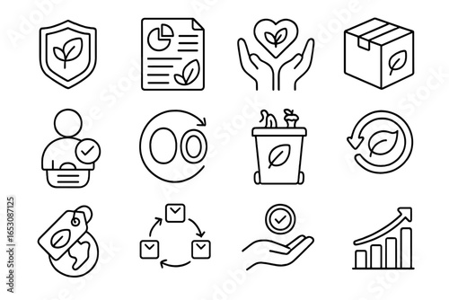 Eco-Business Icons. Line style icons of eco-business practices: green company badge, sustainable report, CSR icon, eco packaging,