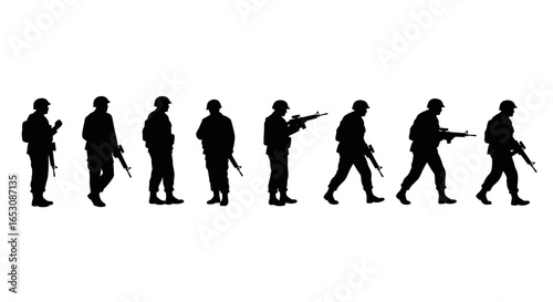 A silhouette of a line of soldiers marching with rifles in various poses representing military action and combat readiness a powerful visual statement of defense and security.